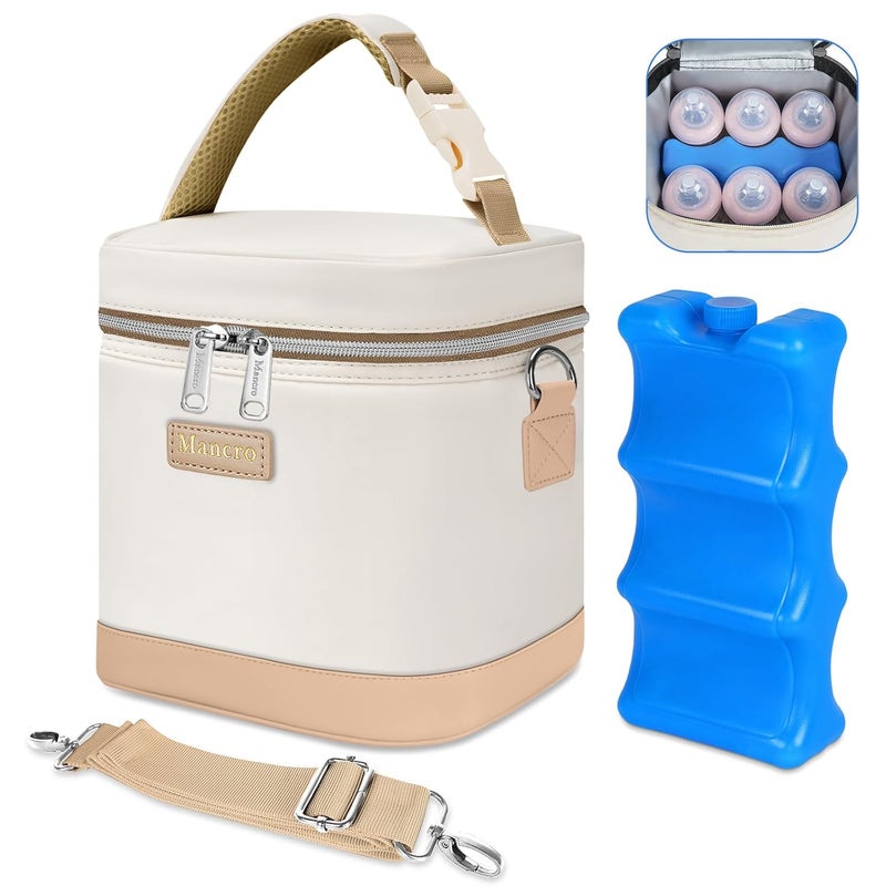 Mancro Insulated Baby Bottle Cooler Bag with Ice Pack, Breastmilk Storage Tote Fits 6 x 9oz Bottles, Waterproof Bottle Bag Companion for Breastfeeding Moms，Cream & Light Brown - Image 1